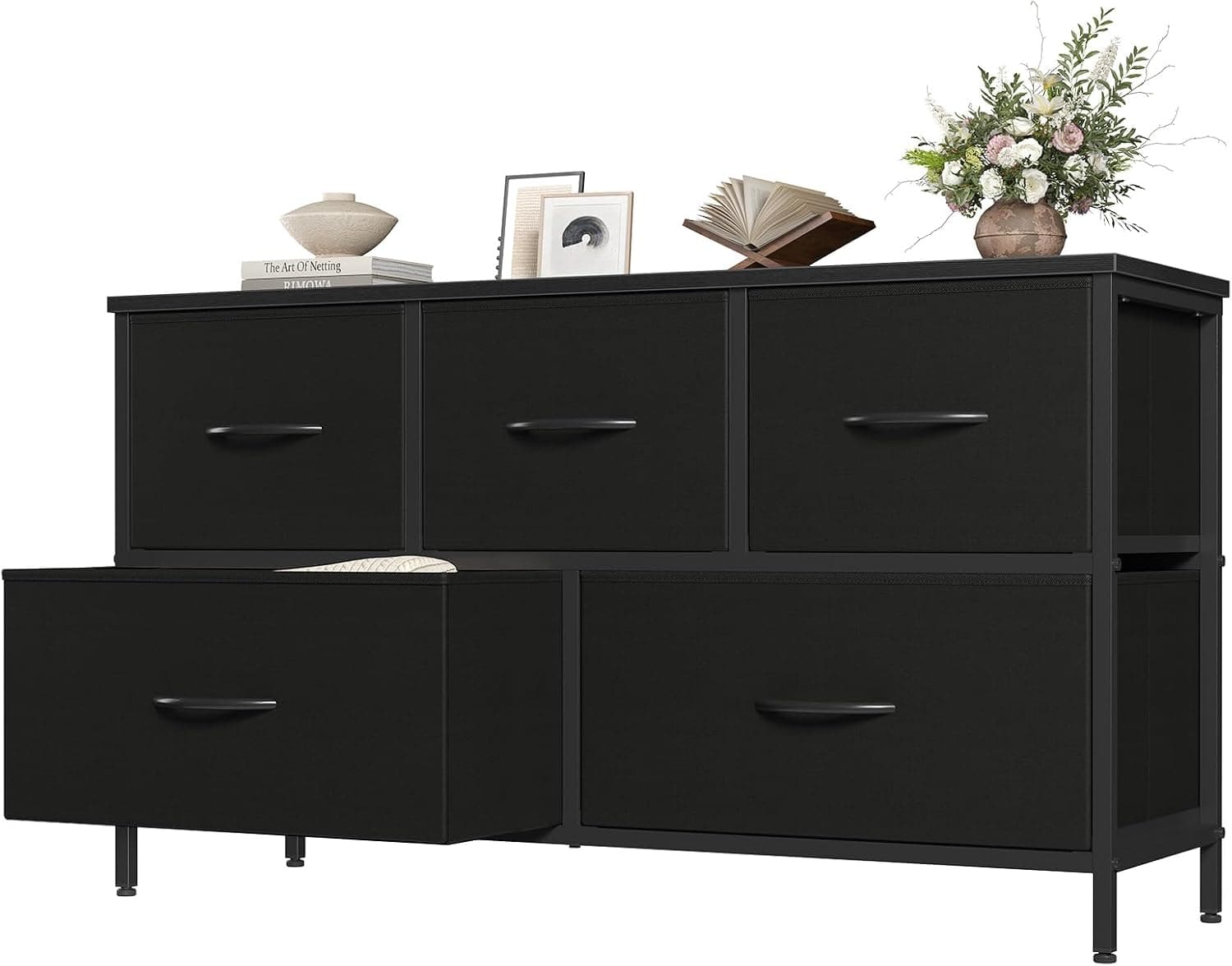 OLIXIS 5 Drawer Dresser, Black, with Wooden Top