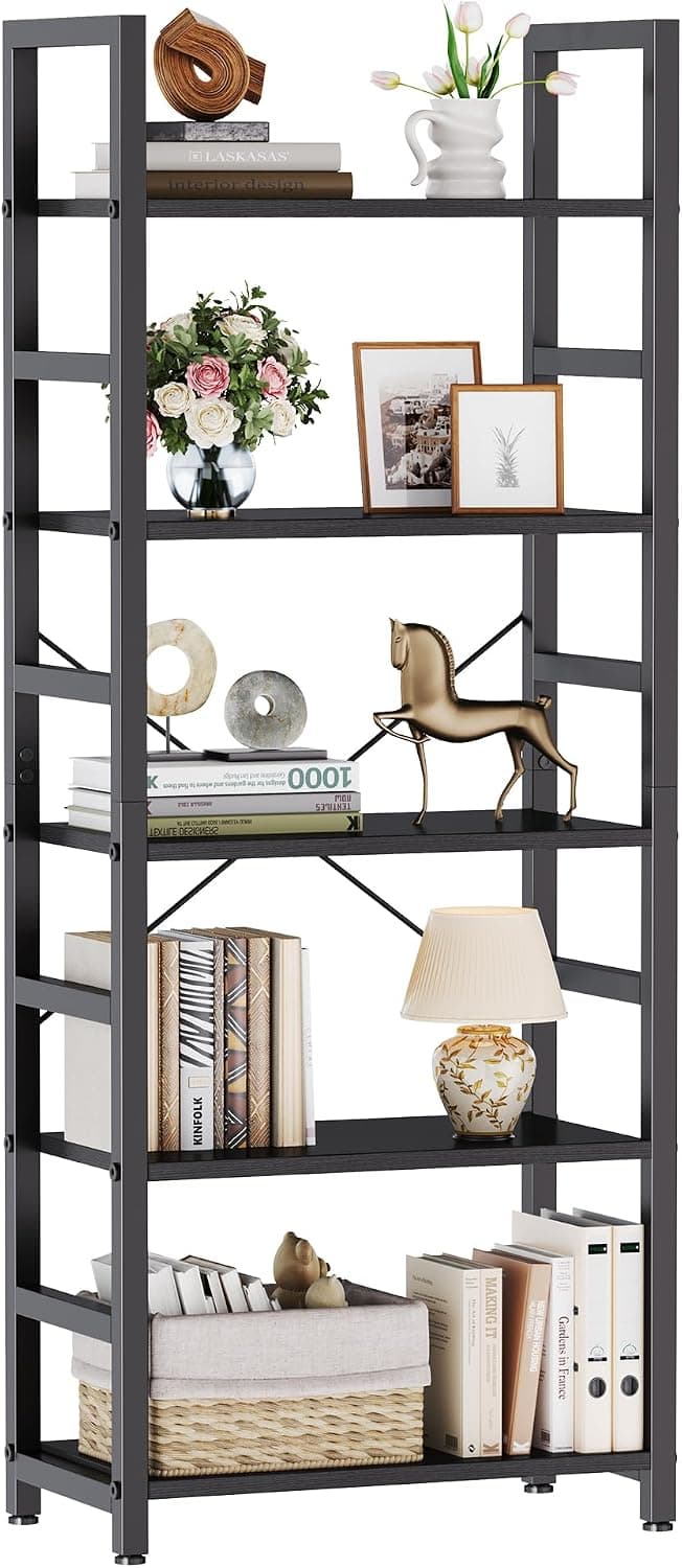 DUMOS 5-Tier Bookshelf, Narrow Standing Shelving Unit, Black