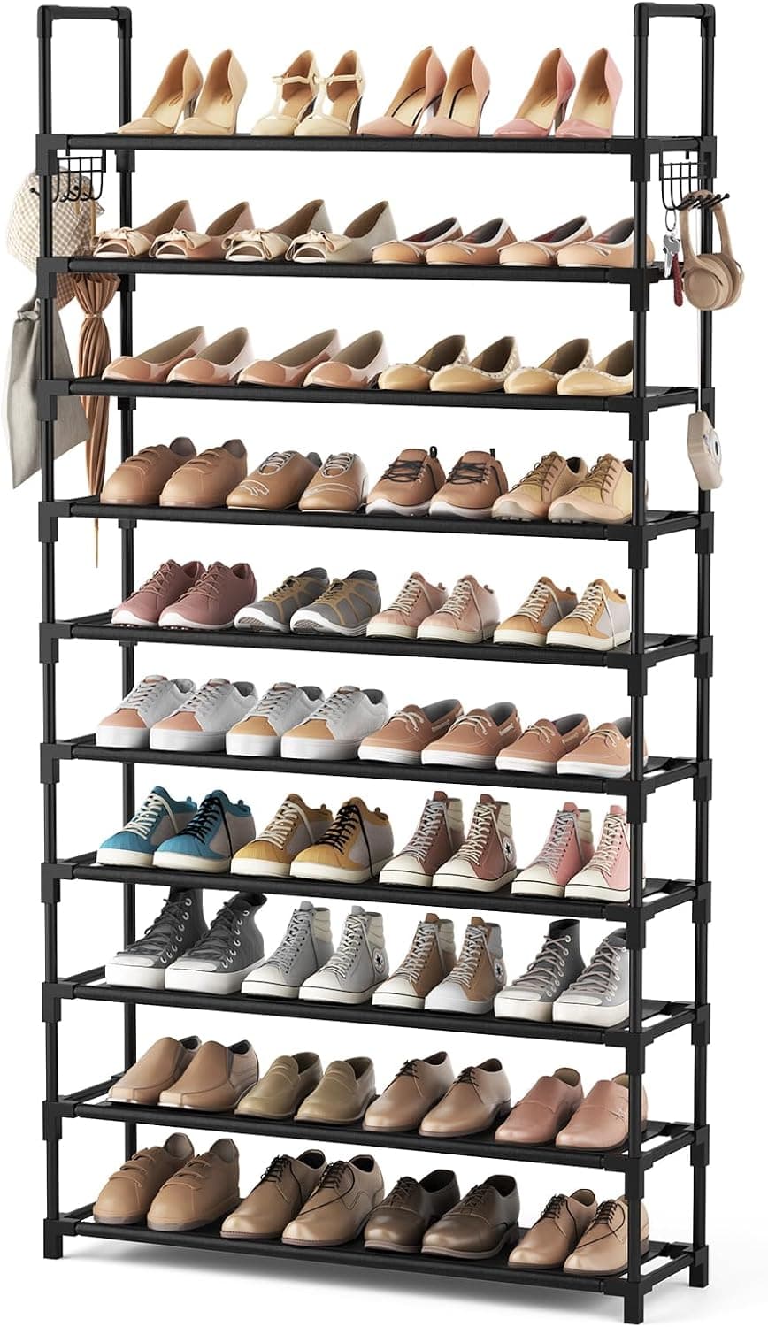 VTRIN 10 Tier Shoe Rack, Tall, with Two Hooks